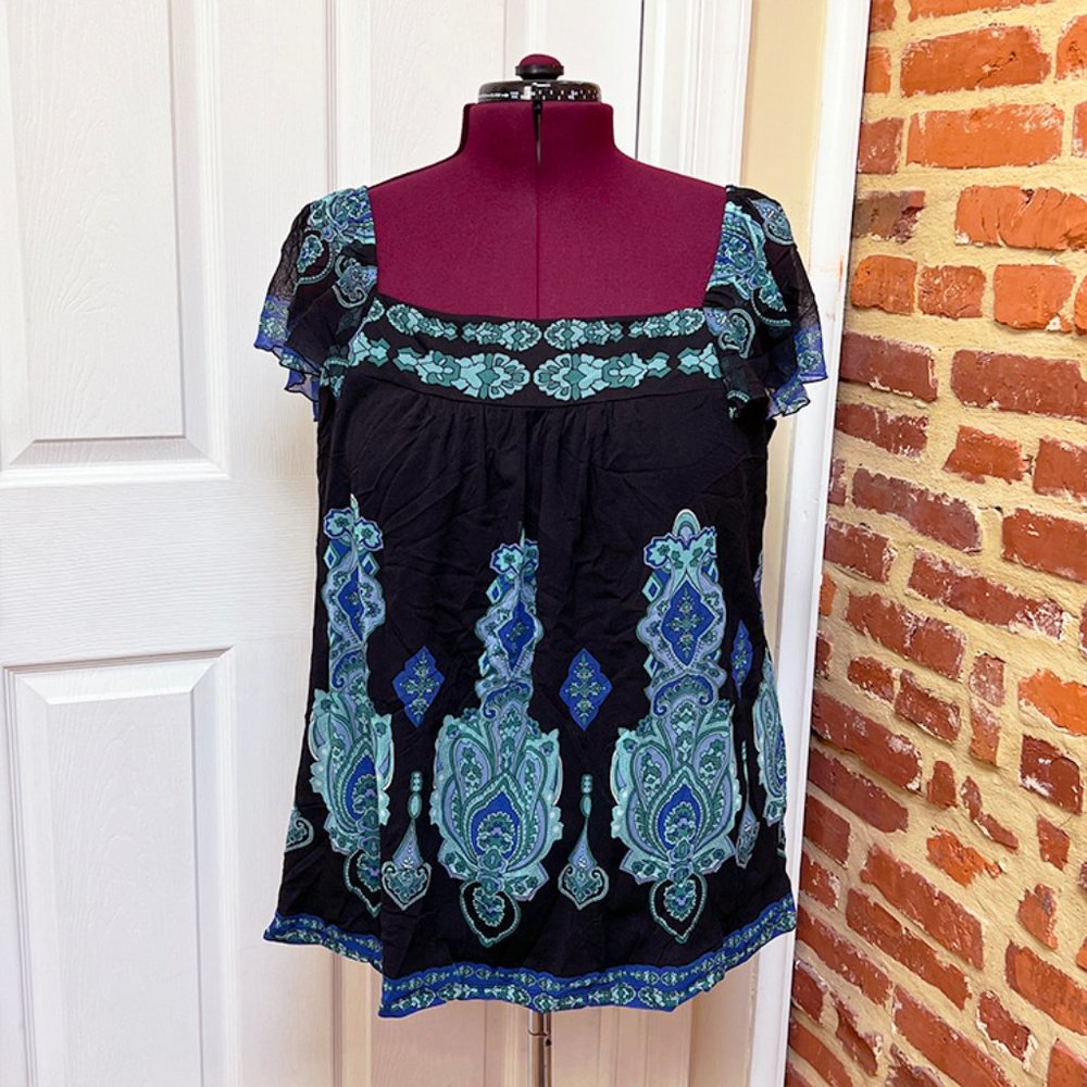 INC International Concepts Blue & Green Paisley Boho Square Neck A-Line Top